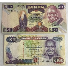 ZAMBIA 1991 . FIFTY 50 and ONE HUNDRED 100 KWACHA BANKNOTES . FIRST PREFIX AA